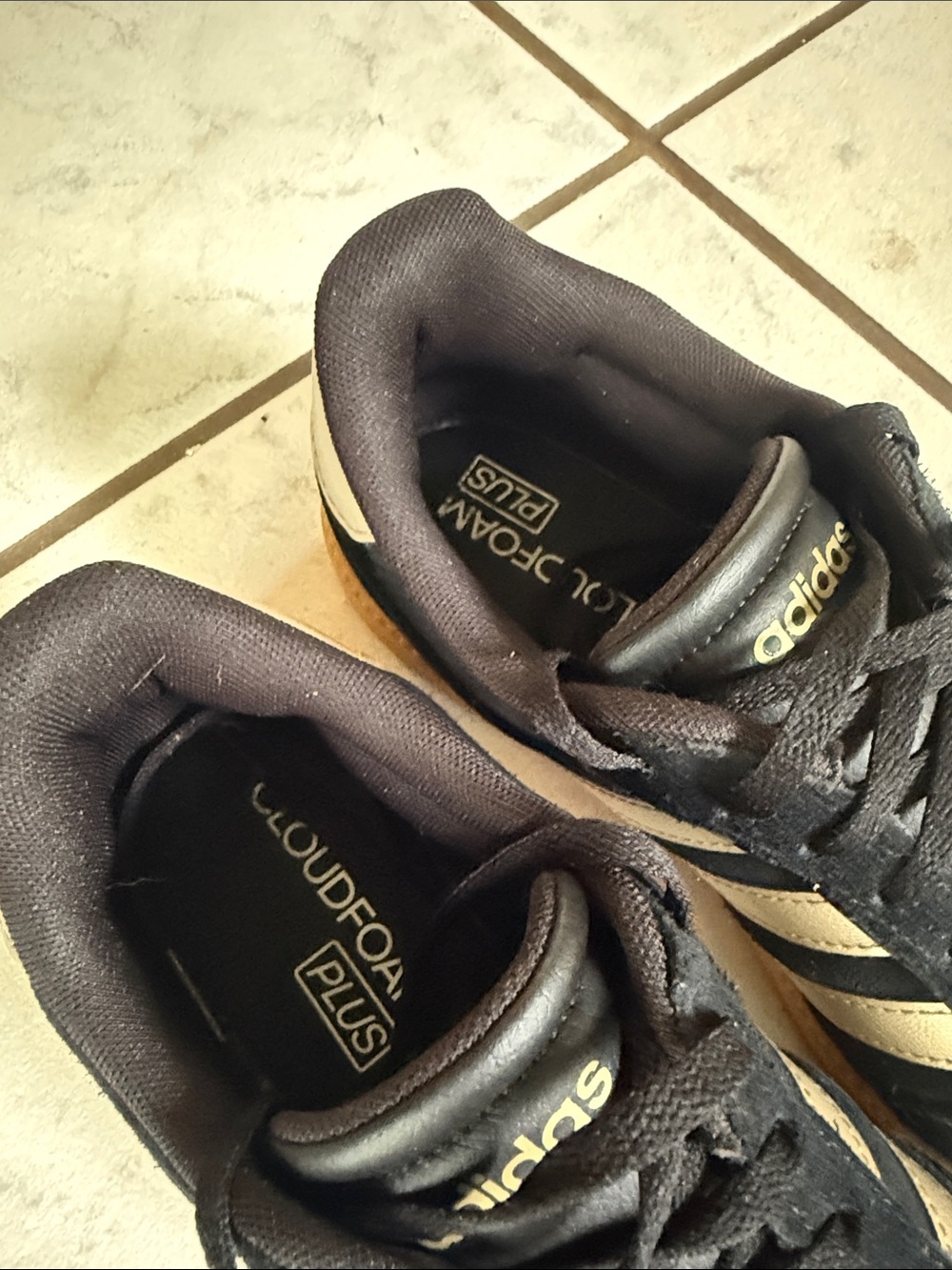 adidas Black Suede Sneakers with Gold Stripes and Gum Sole - Picture 2 of 4